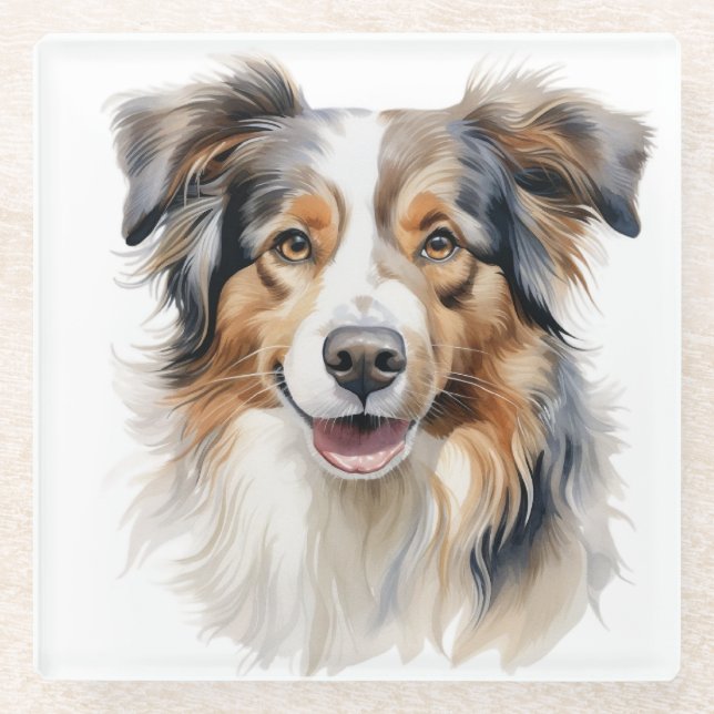 SCHÖNE WASSERFARBE AUSTRALISCHES SCHEEPDOGGESICHT GLASUNTERSETZER (Vorderseite)