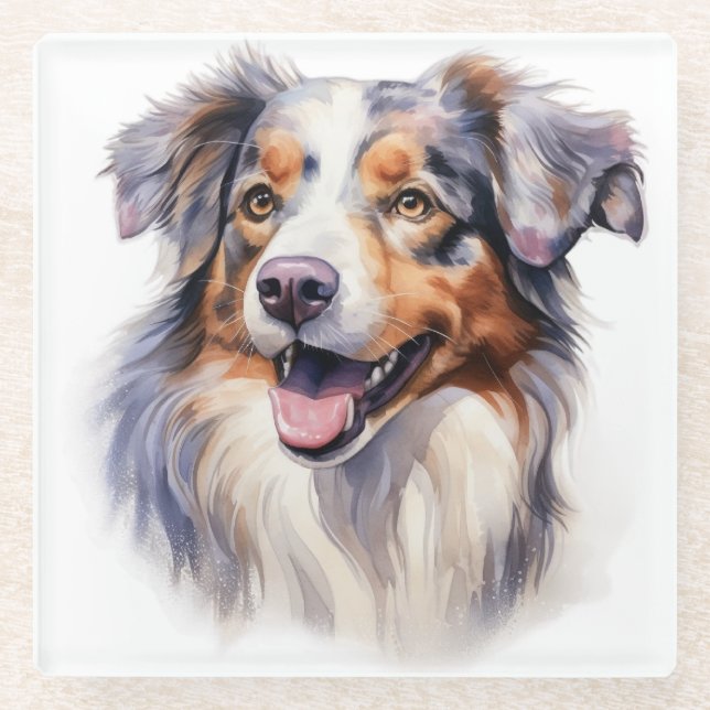 SCHÖNE WASSERFARBE AUSTRALISCHES SCHEEPDOGGESICHT GLASUNTERSETZER (Vorderseite)