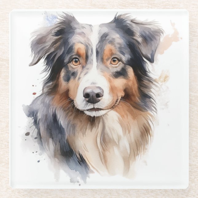 SCHÖNE WASSERFARBE AUSTRALISCHES SCHEEPDOGGESICHT GLASUNTERSETZER (Vorderseite)