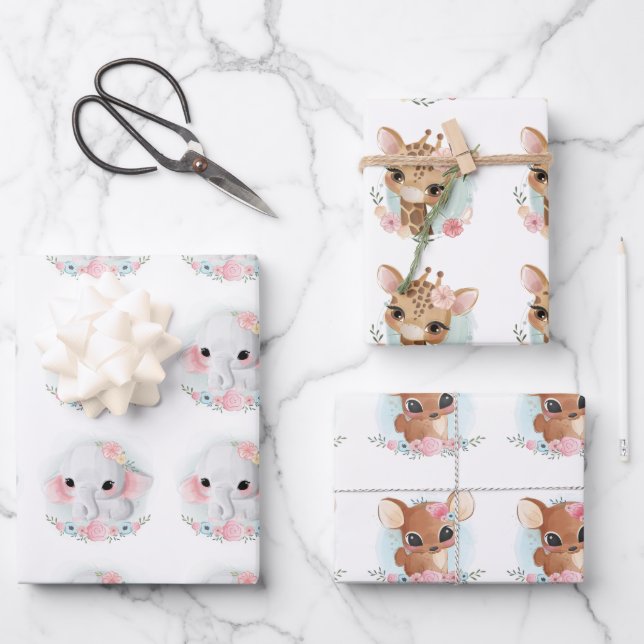 Schöne Wasserfarbe Baby Tier nahtlos blühend Geschenkpapier Set (Vorderseite)
