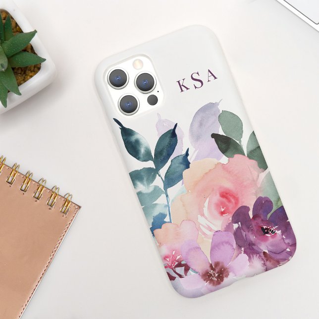 Schöne Wasserfarbe-Botanik-Blumen + Monogramm iPhone Hülle (Von Creator hochgeladen)
