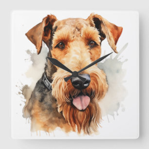 SCHÖNE WASSERFARBE BROWES AIREDALE TERRIER DOG QUADRATISCHE WANDUHR