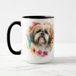 SCHÖNE WASSERFARBE BROWIN WHITE LHASA APSO HUND TASSE