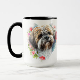 SCHÖNE WASSERFARBE BROWIN WHITE LHASA APSO HUND TASSE