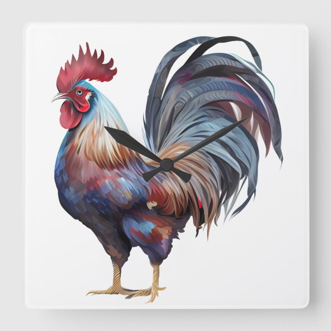 SCHÖNE WASSERFARBE FARBFARBEN ROOSTER QUADRATISCHE WANDUHR (Vorderseite)