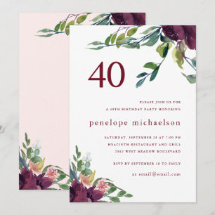 Schöne Wasserfarbe Floral 40. Geburtstag Einladung