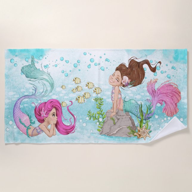 Schöne Wasserfarbe Kleine Mermaids Strandtuch (Vorderseite)