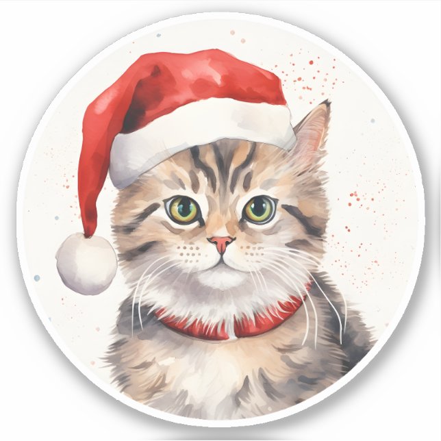 Schöne Wasserfarbe Niedlich Katze Santa Lil Helfer Aufkleber (Vorderseite)