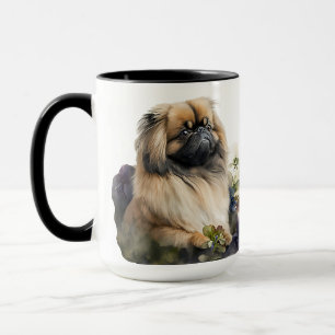 SCHÖNE WASSERFARBE PEKINGESE HUND UND BLUME TASSE