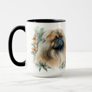 SCHÖNE WASSERFARBE PEKINGESE HUND UND BLUME TASSE