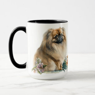 SCHÖNE WASSERFARBE PEKINGESE HUND UND BLUME TASSE