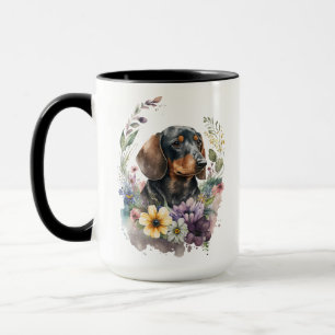 SCHÖNE WASSERFARBE SCHWARZ UND DACKEL HUND TASSE