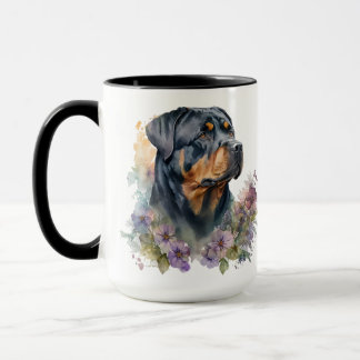 SCHÖNE WASSERFARBE SCHWARZ UND TAN ROTWEILLER HUND TASSE