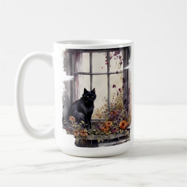SCHÖNE WASSERFARBE SCHWARZE KATZE IM FENSTER KAFFEETASSE (Links)