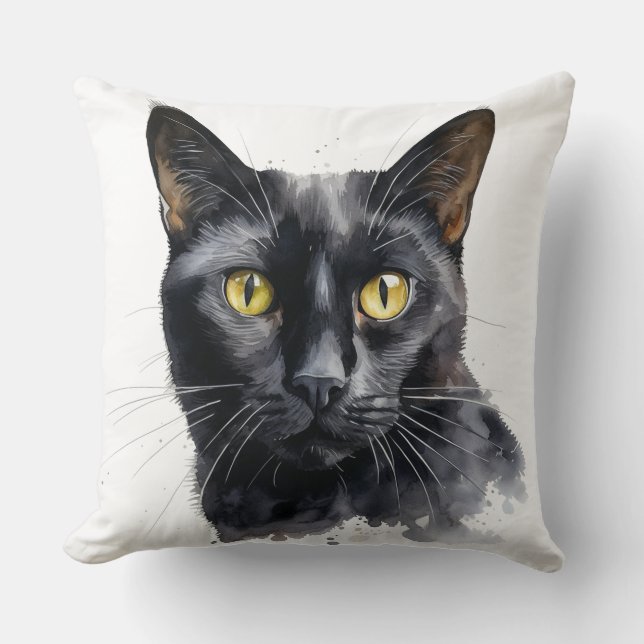SCHÖNE WASSERFARBE SCHWARZE KATZE KISSEN (Vorderseite)