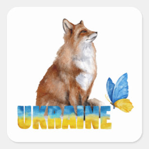 Schöne Wasserfarbe Ukraine Fox und Schmetterling Quadratischer Aufkleber