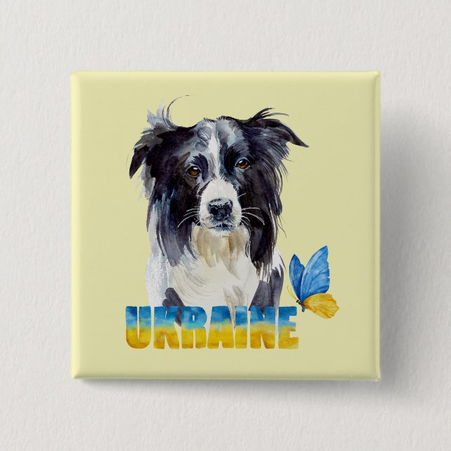 Schöne Wasserfarbe Ukraine Hund und Schmetterling Button (Vorderseite)