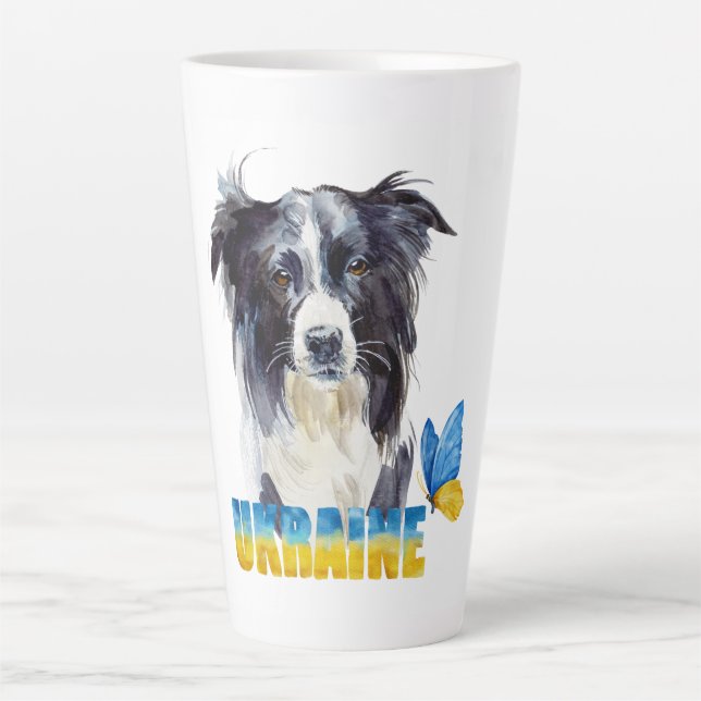 Schöne Wasserfarbe Ukraine Hund und Schmetterling Milchtasse (Vorderseite)