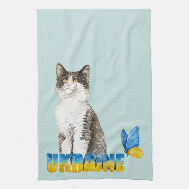 Schöne Wasserfarbe Ukraine Katze und Schmetterling Geschirrtuch (Vertikal)