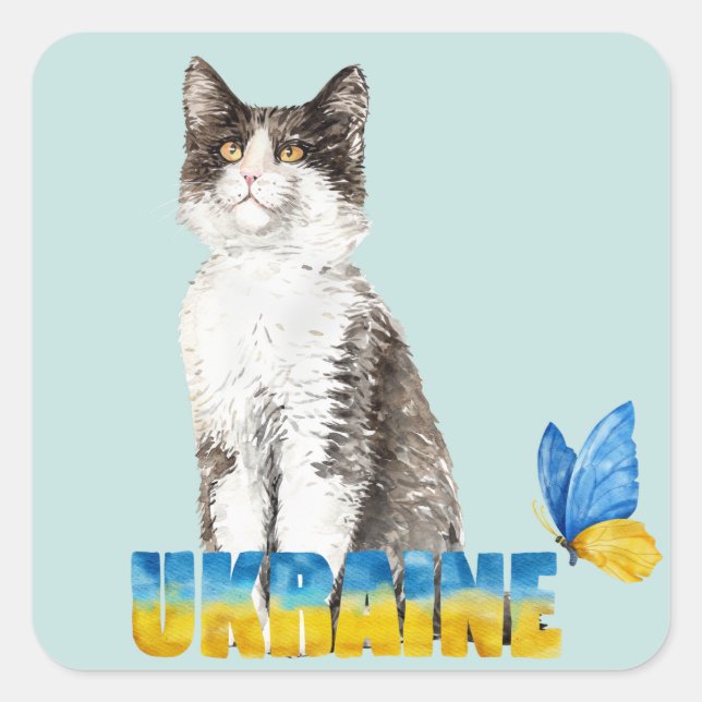 Schöne Wasserfarbe Ukraine Katze und Schmetterling Quadratischer Aufkleber (Vorderseite)