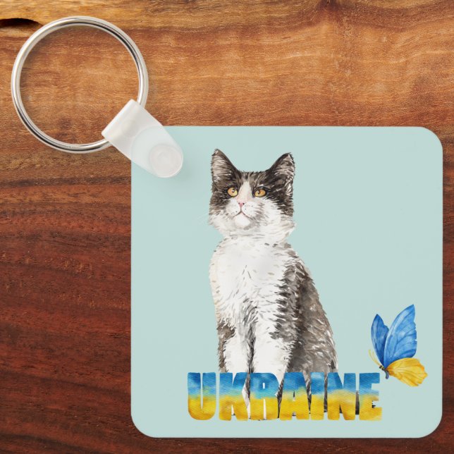 Schöne Wasserfarbe Ukraine Katze und Schmetterling Schlüsselanhänger (Vorderseite)