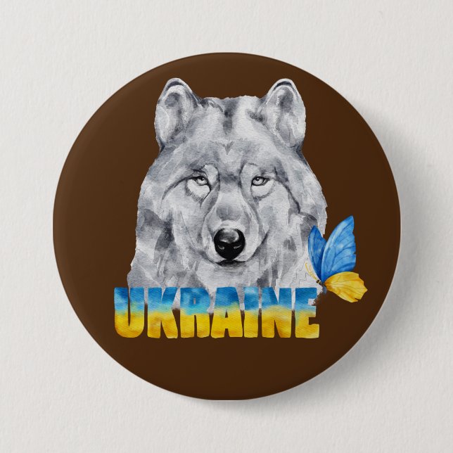 Schöne Wasserfarbe Ukraine Wolf und Schmetterling Button (Vorderseite)