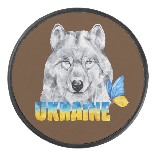 Schöne Wasserfarbe Ukraine Wolf und Schmetterling Eishockey Puck (Vorderseite)