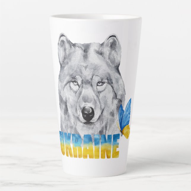 Schöne Wasserfarbe Ukraine Wolf und Schmetterling Milchtasse (Vorderseite)