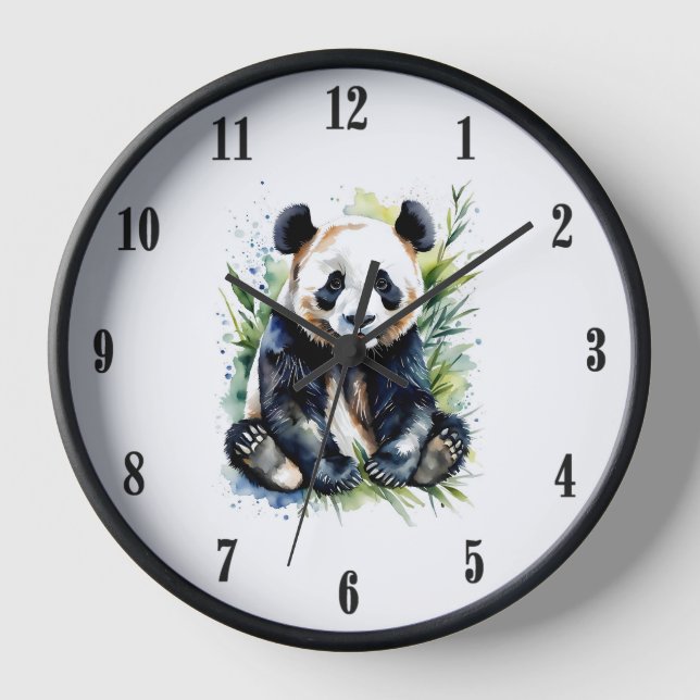 Schöne Wasserfarben Panda Bärenschwarze Zahlen Uhr (Vorderseite)