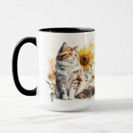 SCHÖNE WASSERFARBENKATZE MIT SONNENBLUMEN TASSE