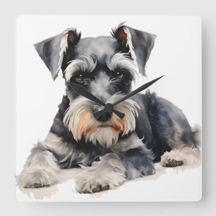 SCHÖNE WASSERFARBMINIATUR SCHNAUZER HUND QUADRATISCHE WANDUHR