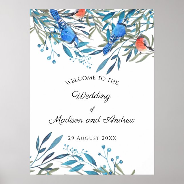 Schöne Watercolor-Vögel und Foliage-Hochzeit Poster (Vorne)