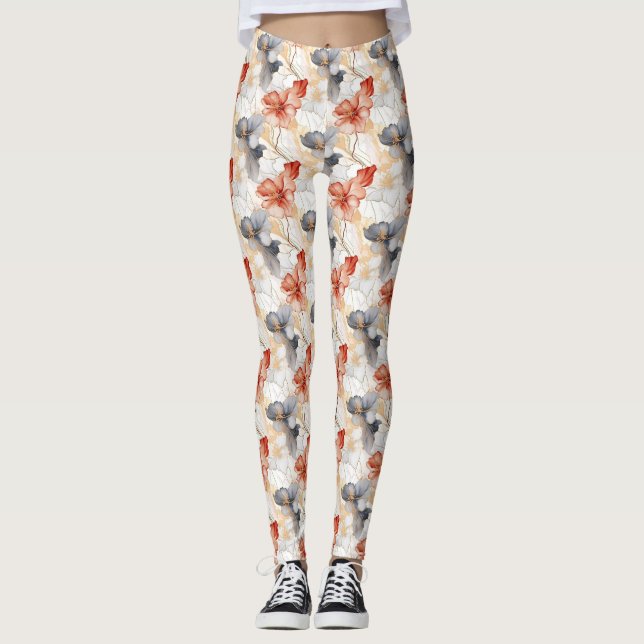 Schöne weibliche Pfirsich Blau und Weiß Blumen Leggings (Vorderseite)