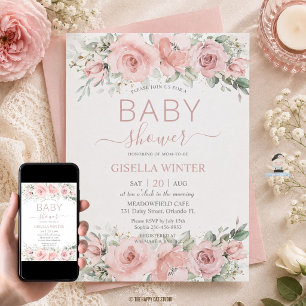Schöne weiche rosafarbene Rosen Florale Babyparty Einladung