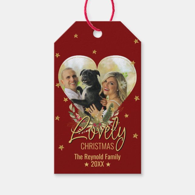 Schöne Weihnachts Gold Glitzer Star Foto Herz Rot Geschenkanhänger (Vorderseite)