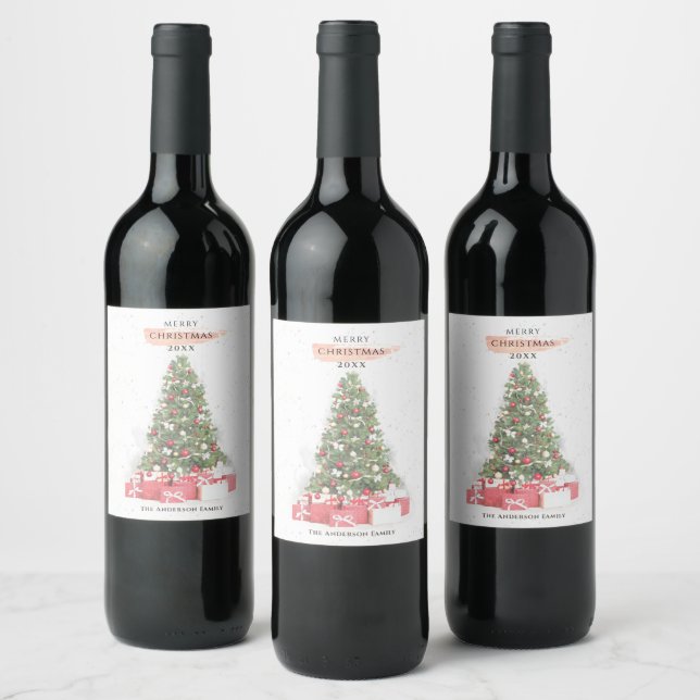 Schöne Weihnachtsbaum Wasserfarbener Urlaub Weinetikett (Flaschen)