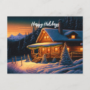 Schöne Weihnachtsbeleuchtung Holzschnee in der Hüt Feiertagspostkarte