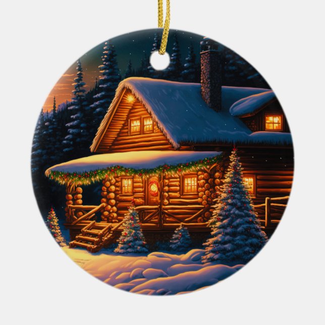 Schöne Weihnachtsbeleuchtung Holzschnee in der Hüt Keramik Ornament (Vorne)