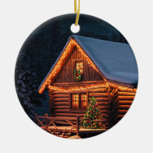 Schöne Weihnachtsbeleuchtung Holzschnee in der Hüt Keramik Ornament