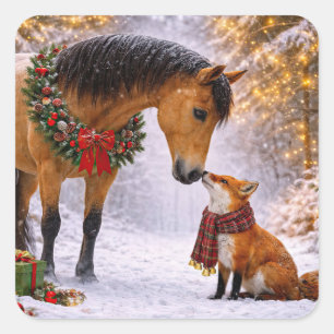 Schöne Weihnachtsferien Pferd und Fuchs Quadratischer Aufkleber