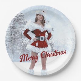 Schöne Weihnachtsfrau über den Winterschnee Pappteller