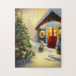 Schöne Weihnachtsnacht mit Bäumen und Schnee Puzzle