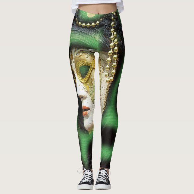 Schöne Weiß-und Goldkarneval-Maske Leggings (Vorderseite)