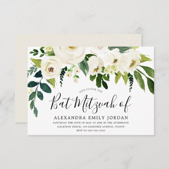 Schöne weiße Blume Bar Mitzvah Bat Mitzvah Einladung (Vorne/Hinten)