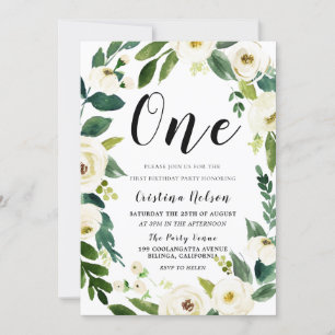 Schöne weiße Blume Foto zurück 1. Geburtstag Einladung