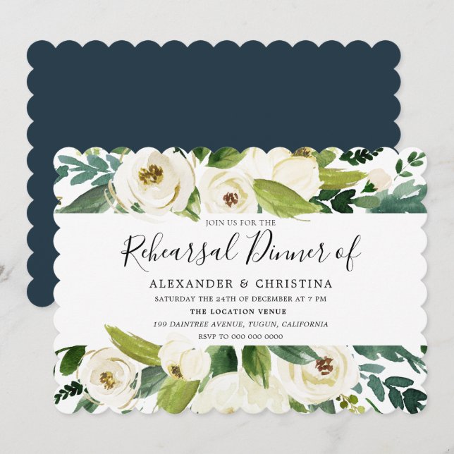 Schöne weiße Blume Grün Probe Abendessen Einladung (Vorne/Hinten)