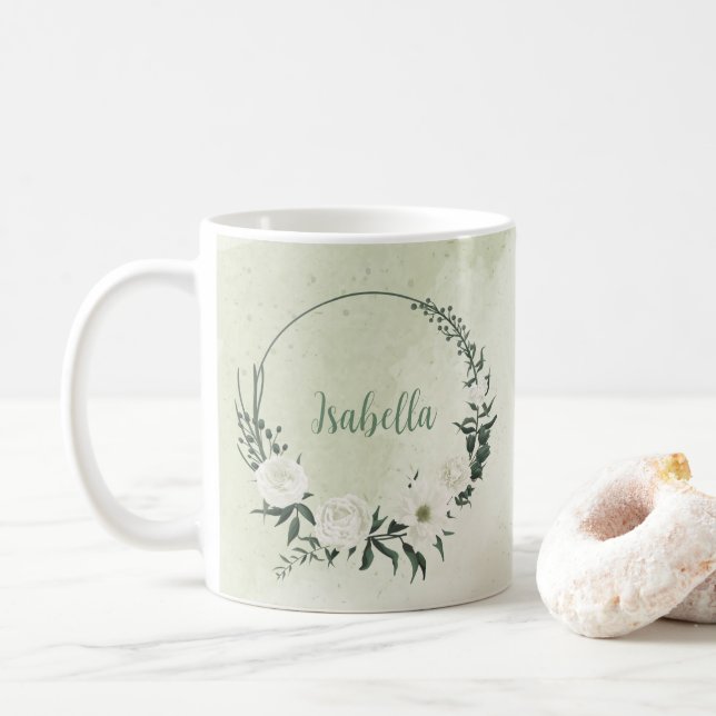 Schöne weiße Blume, grüne Blätter Kaffeetasse (Mit Donut)