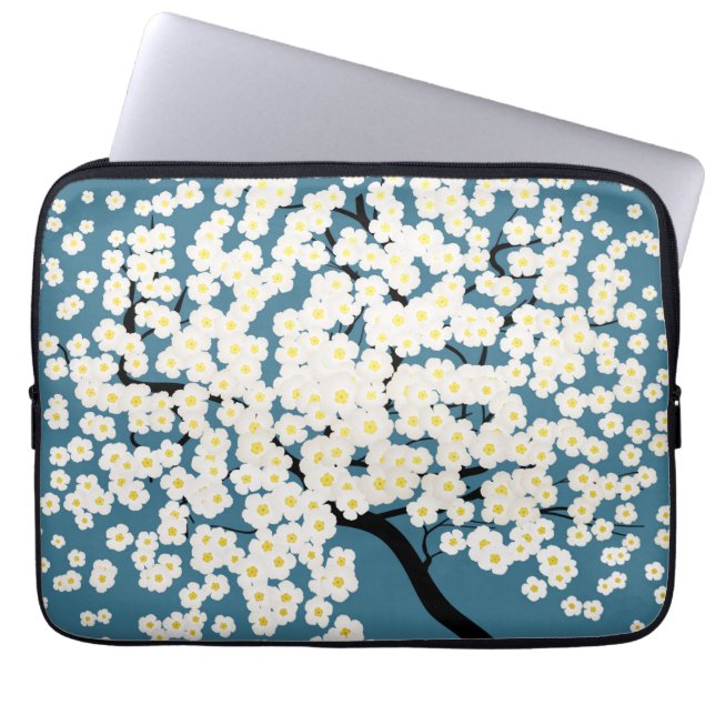 Schöne weiße Blumen blühender Baum Kunst Laptopschutzhülle (Vorderseite)