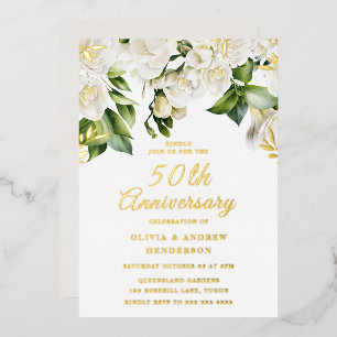 Schöne weiße Blumen & Gold 50. Hochzeitstag Folieneinladung