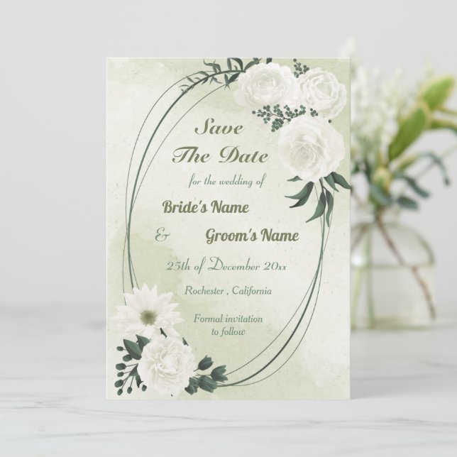 schöne, weiße, blumengeometrische save the date (Stehend Vorderseite)